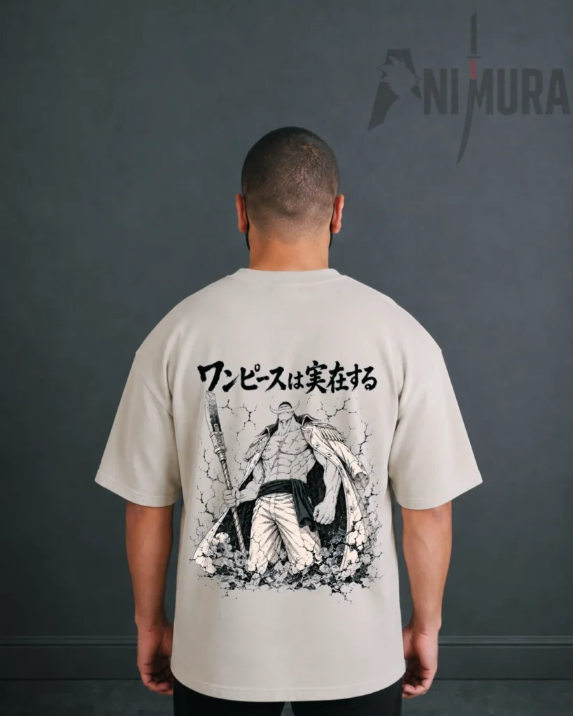 back view of ANIMURA Whitebeard beige oversized anime T-shirt inspired by One Piece