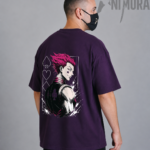 Front view of ANIMURA Hisoka burgundy oversized anime T-shirt inspired by Hunter x Hunter