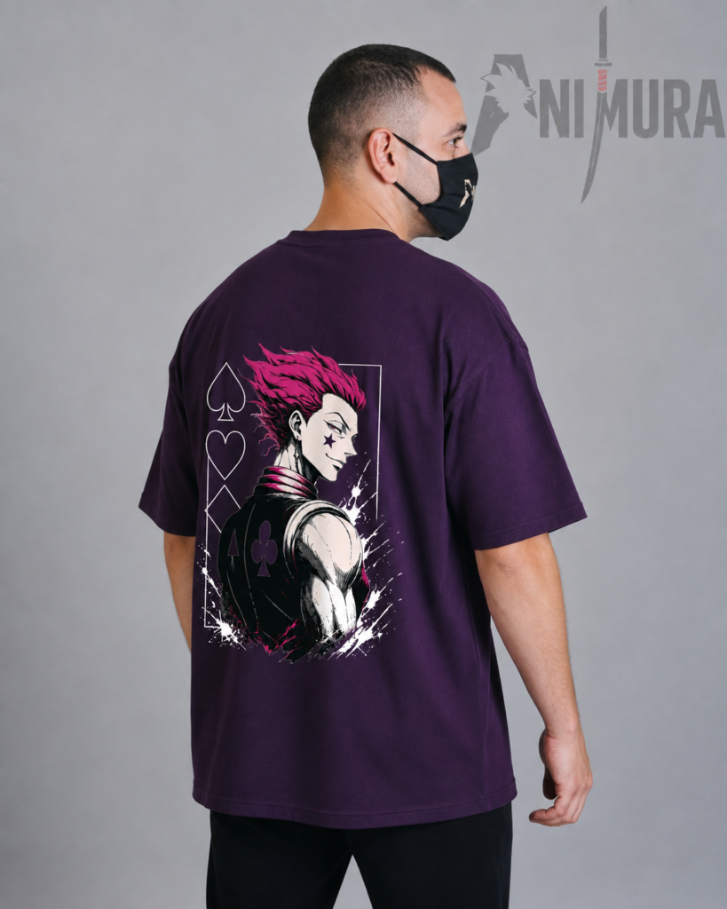 Front view of ANIMURA Hisoka burgundy oversized anime T-shirt inspired by Hunter x Hunter