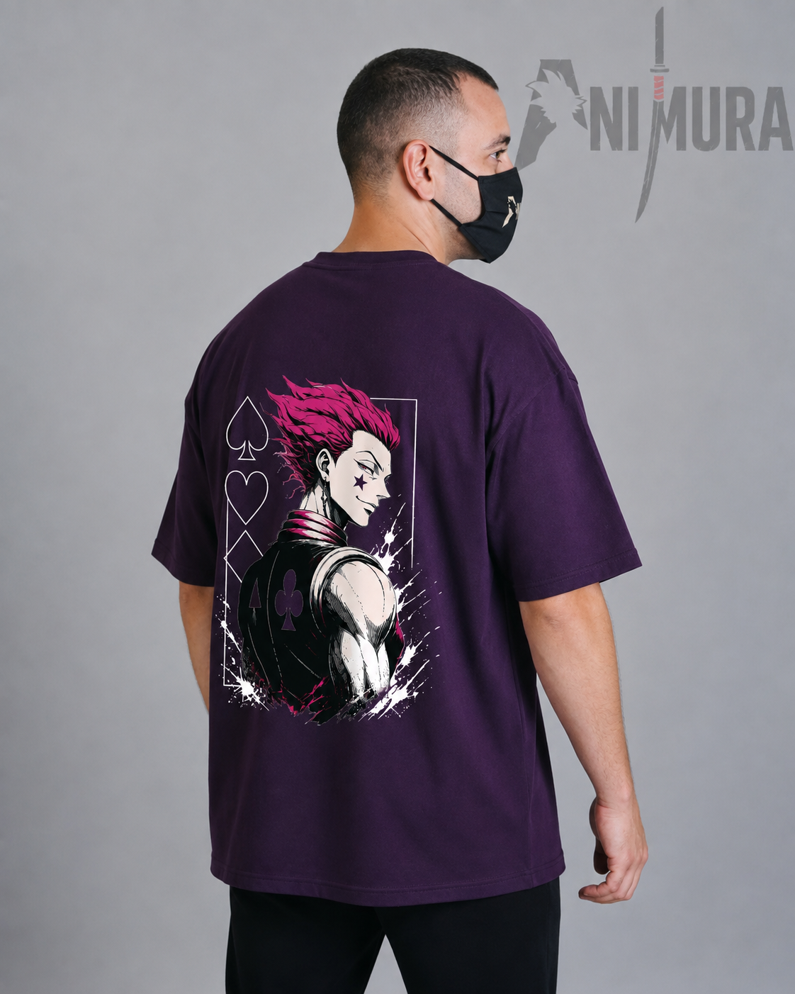 Hisoka Burgundy Oversized Anime T-Shirt Front View – ANIMURA Front view of ANIMURA Hisoka burgundy oversized anime T-shirt inspired by Hunter x Hunter