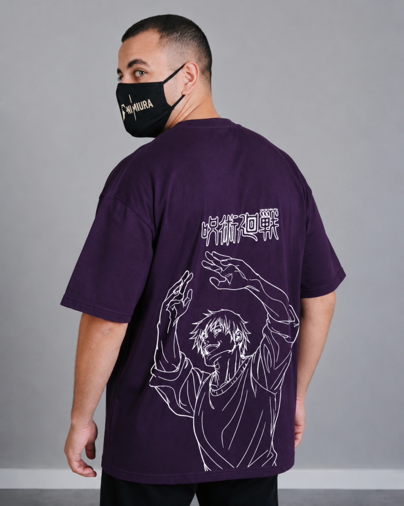 back view of ANIMURA Toji burgundy oversized anime T-shirt inspired by Jujutsu Kaisen