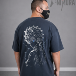 back view of ANIMURA كيلوا gray oversized anime T-shirt inspired by هنتر × هنتر