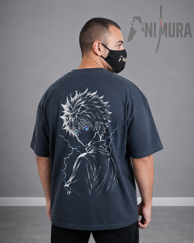 back view of ANIMURA Killua gray oversized anime T-shirt inspired by Hunter x Hunter