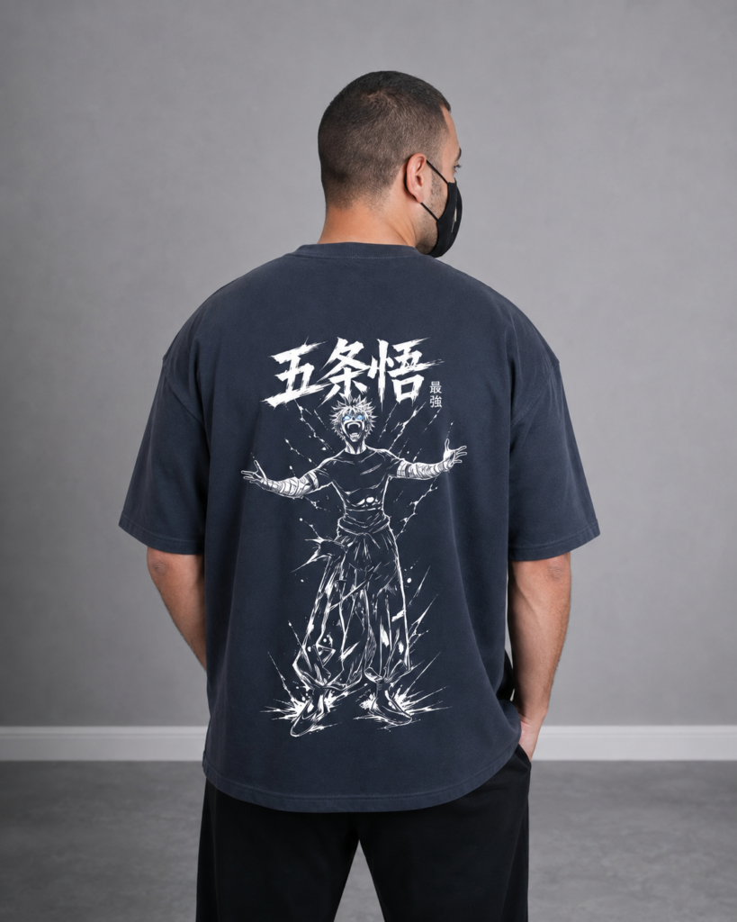 back view of ANIMURA Gojo gray oversized anime T-shirt inspired by Jujutsu Kaisen