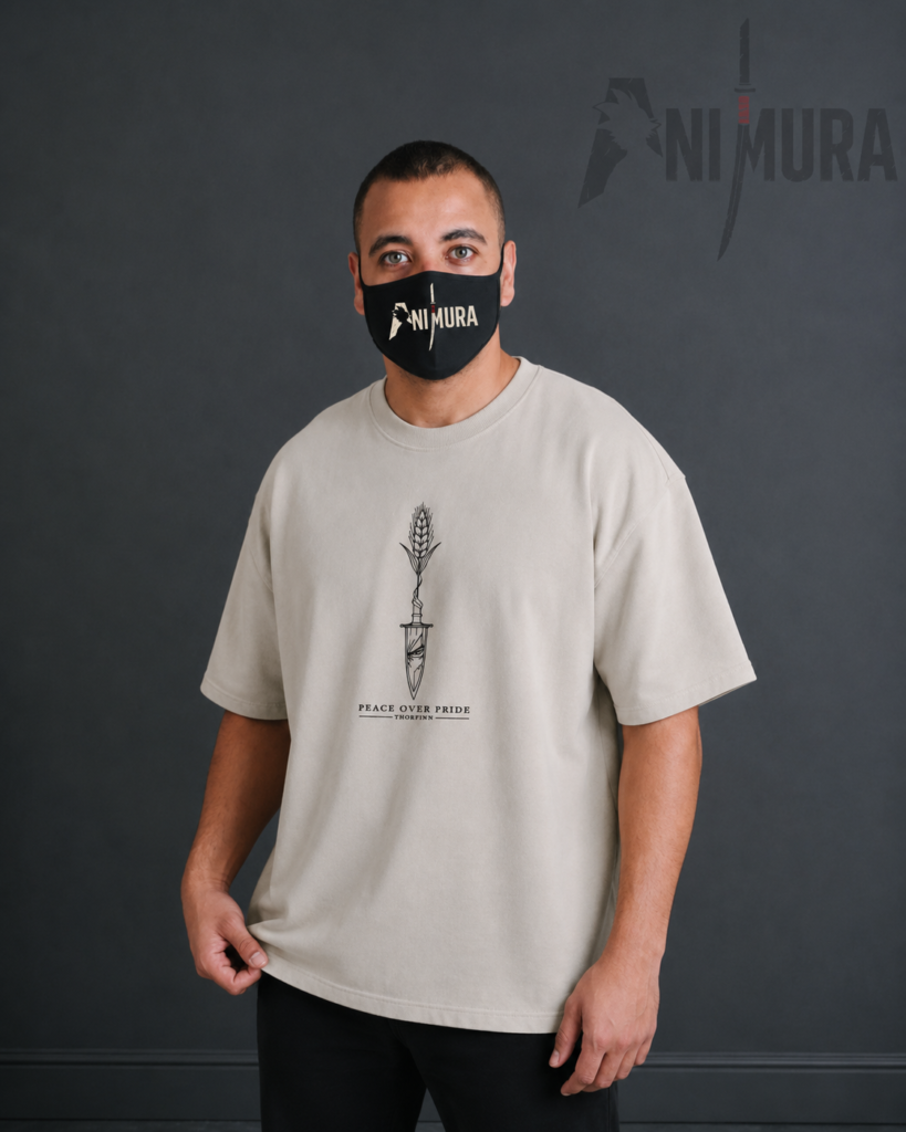 Front view of ANIMURA Thorfinn beige oversized anime T-shirt inspired by Vinland Saga