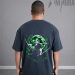 back view of ANIMURA زورو gray oversized anime T-shirt inspired by ون بيس