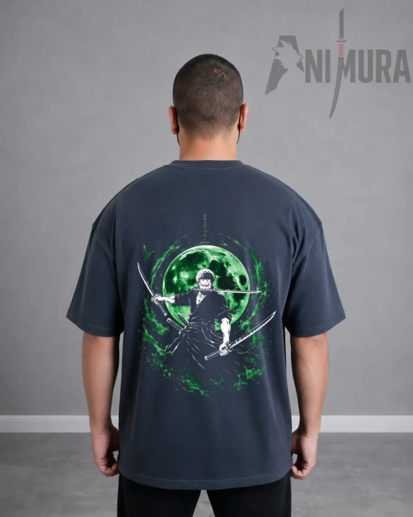 back view of ANIMURA Zoro gray oversized anime T-shirt inspired by One Piece