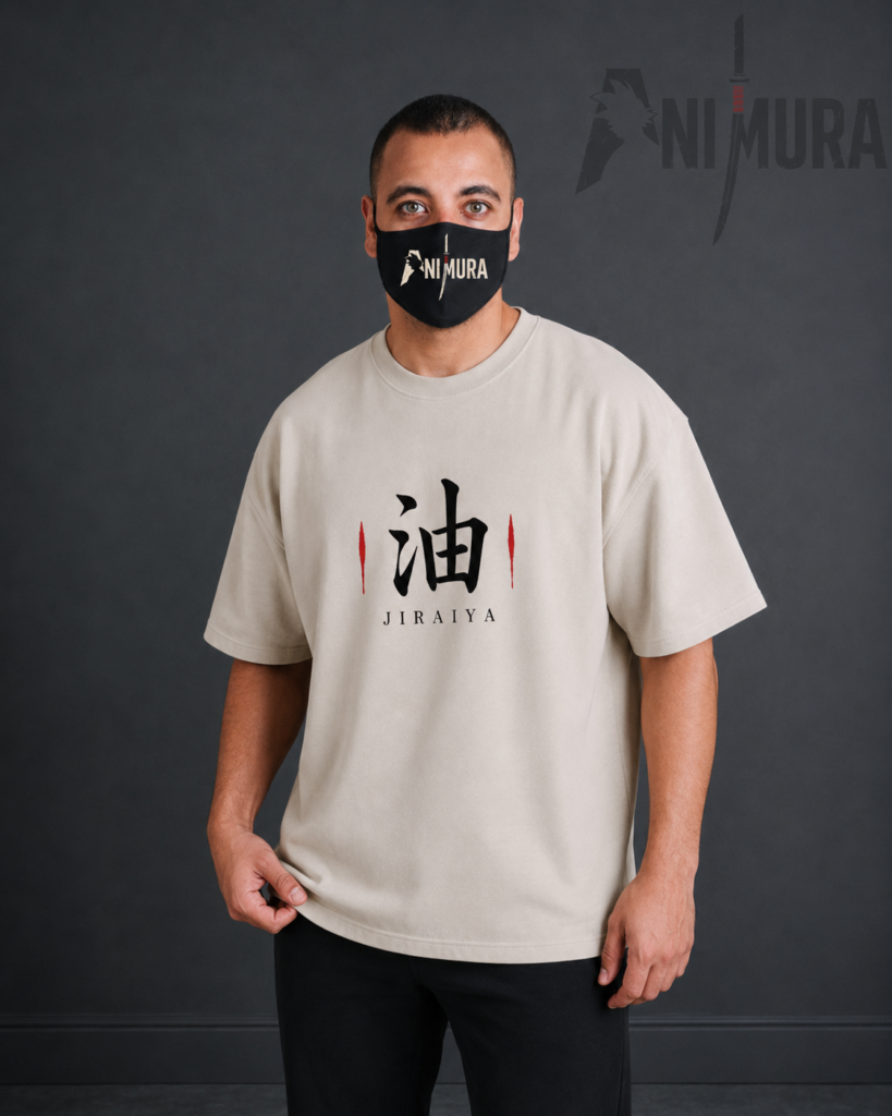 Front view of ANIMURA Jiraiya beige oversized anime T-shirt inspired by Naruto