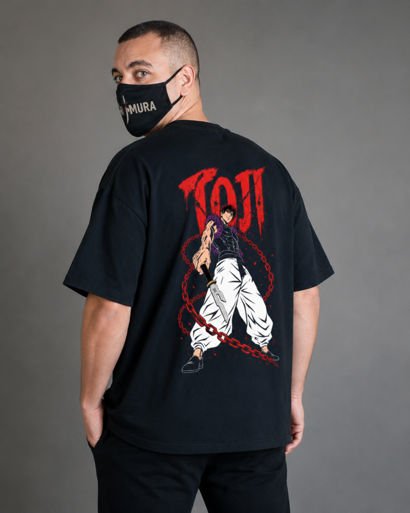 back view of ANIMURA Toji black oversized anime T-shirt inspired by Jujutsu Kaisen