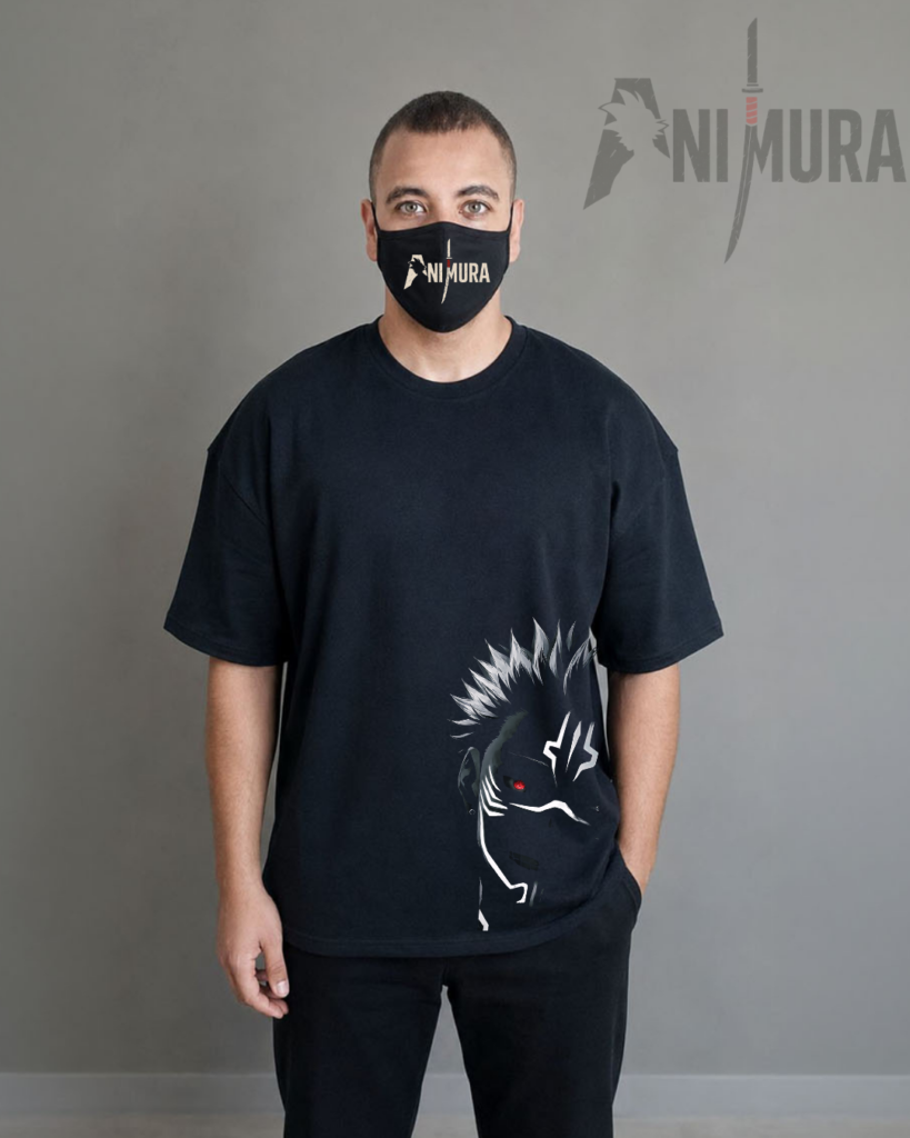 Front view of ANIMURA Sukuna black oversized anime T-shirt inspired by Jujutsu Kaisen