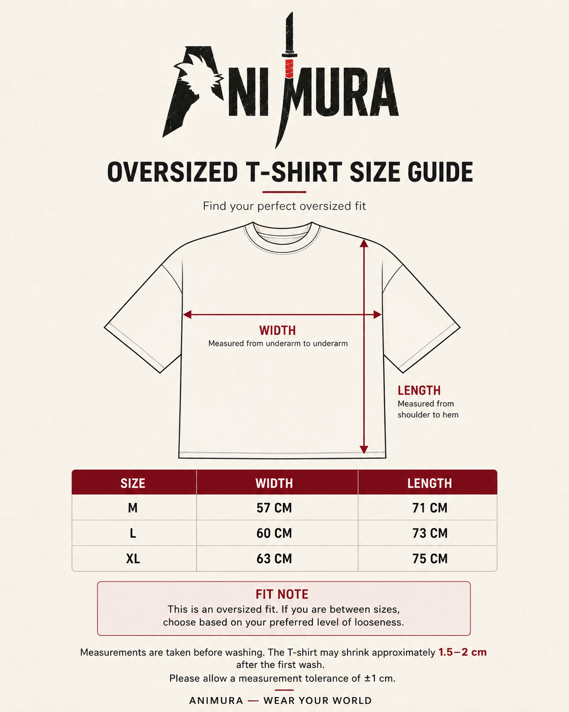 ANIMURA Oversized T-Shirt Size Guide – M L XL Measurements