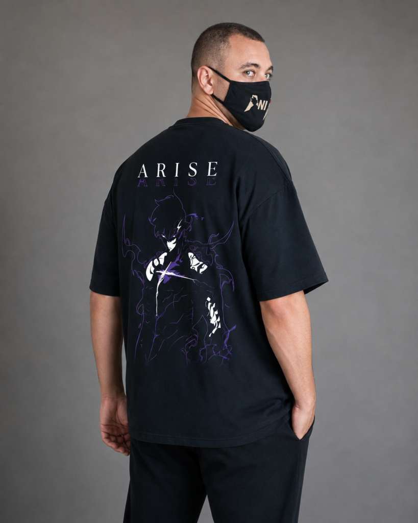 Front view of ANIMURA Sung Jin-Woo black oversized anime T-shirt inspired by Solo Leveling