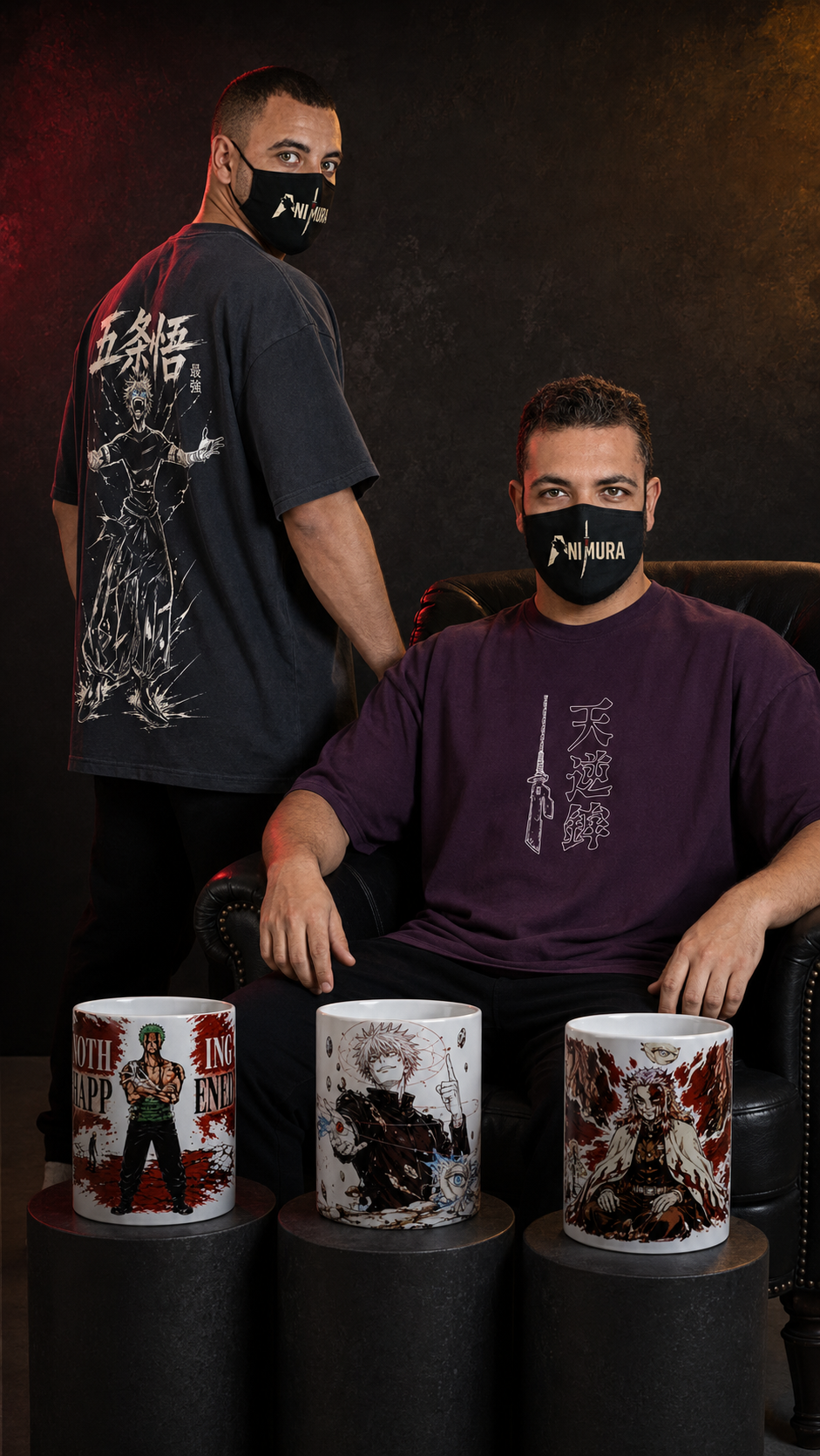 ANIMURA founders wearing anime streetwear with Zoro, Gojo and Rengoku mugs
