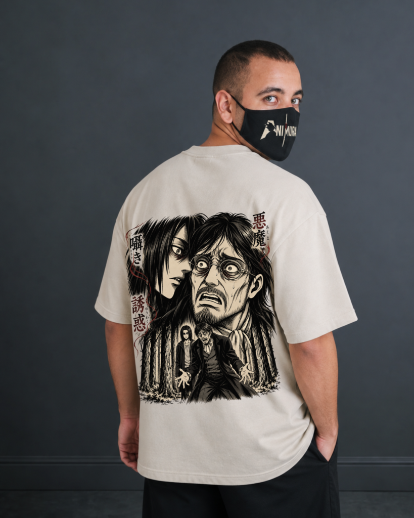 Back view of ANIMURA Eren and Grisha Yeager Beige Oversized Anime T-Shirt featuring black and white Eren and Grisha Yeager manga artwork