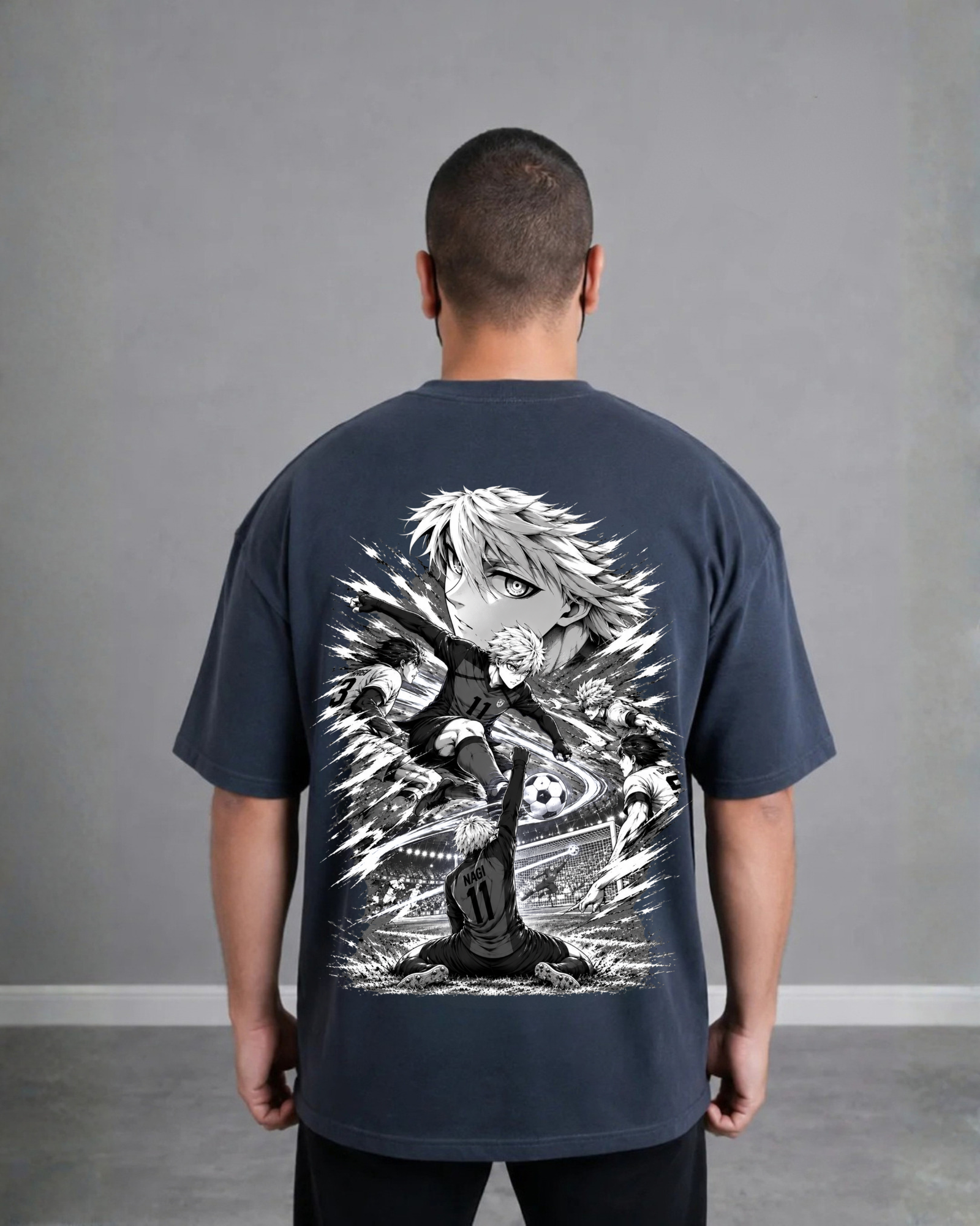 Nagi Seishiro Gray Oversized Anime T-Shirt – Back Back view of ANIMURA Nagi Seishiro gray oversized anime T-shirt featuring Blue Lock match artwork