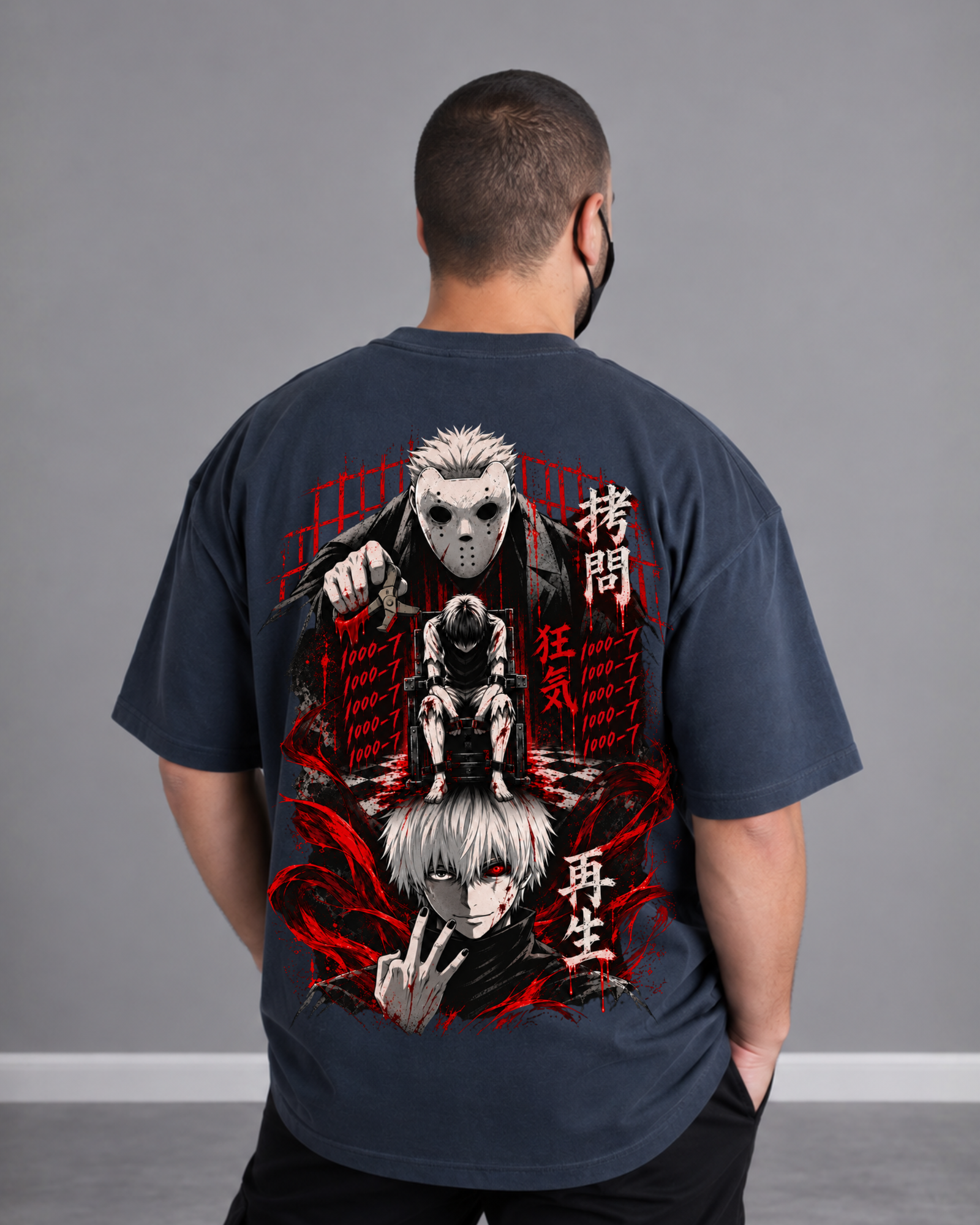 Back view of ANIMURA Kaneki Ken gray oversized anime T-shirt featuring Tokyo Ghoul artwork