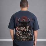 Back view of ANIMURA Chrollo Lucilfer gray oversized anime T-shirt featuring the Phantom Troupe