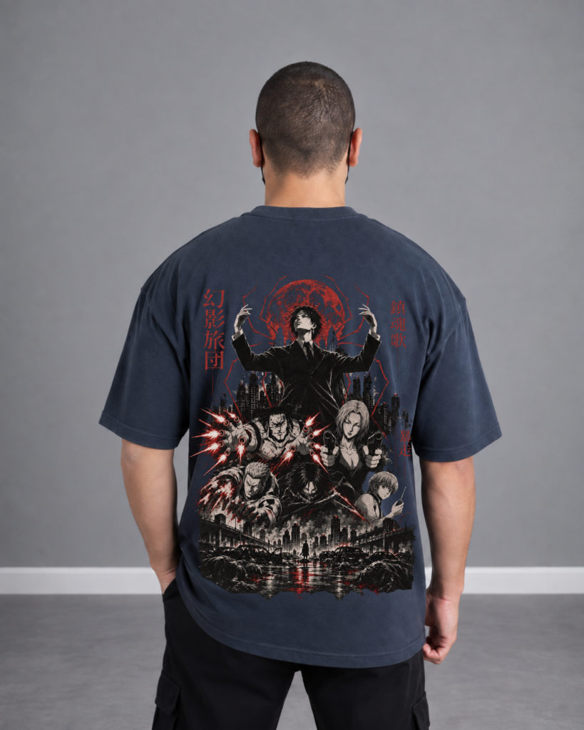 Back view of ANIMURA Chrollo Lucilfer gray oversized anime T-shirt featuring the Phantom Troupe