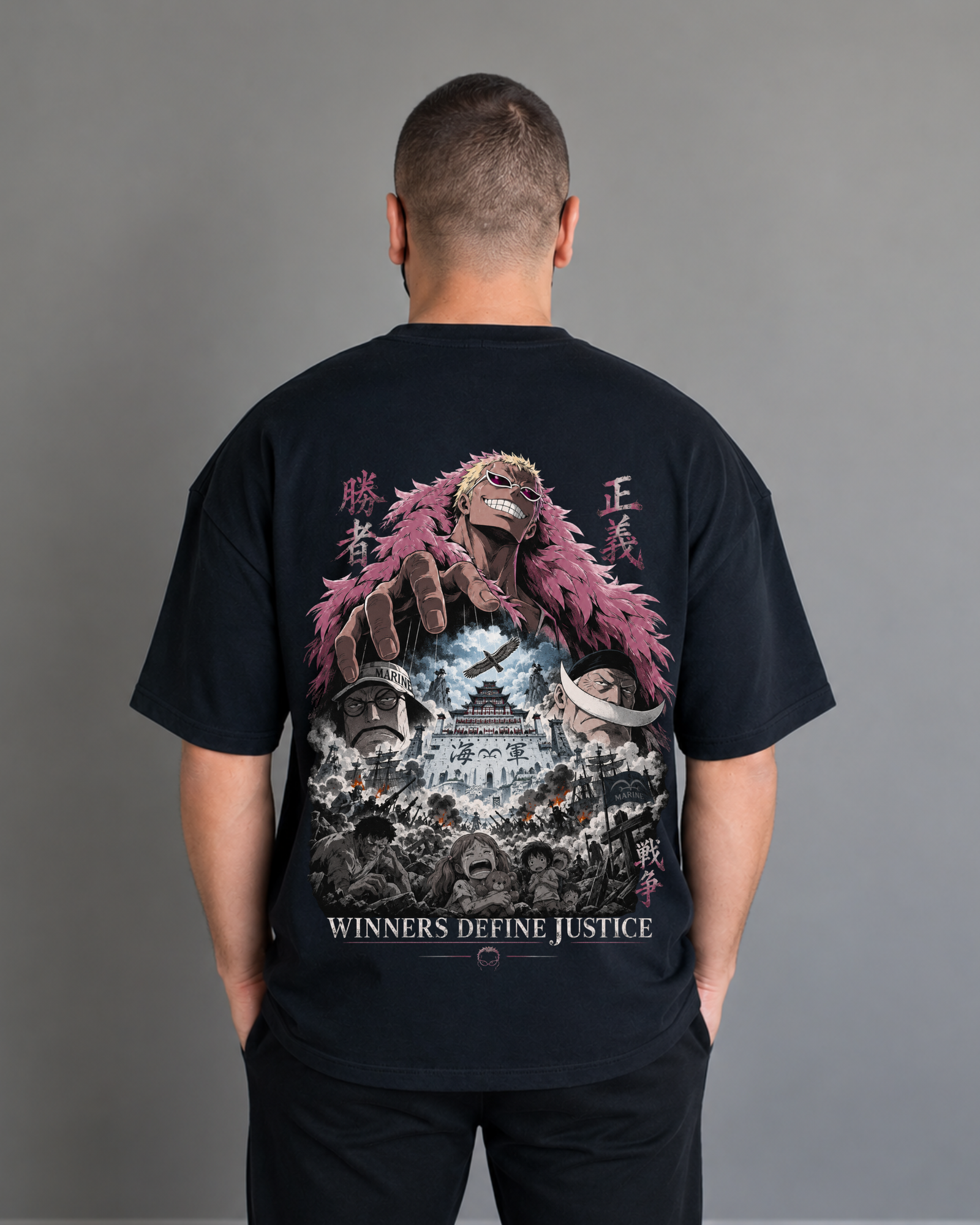 Donquixote Doflamingo Black Oversized Anime T-Shirt - Back Back view of ANIMURA Donquixote Doflamingo black oversized anime T-shirt featuring Dressrosa artwork