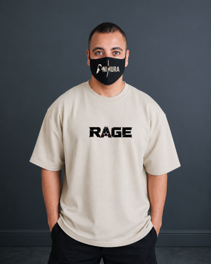 Front view of ANIMURA Gon Rage Beige Oversized Anime T-Shirt featuring Gon Freecss RAGE artwork