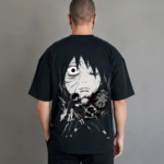 Back view of ANIMURA Obito Uchiha black oversized anime T-shirt featuring Obito's confrontation with Itachi