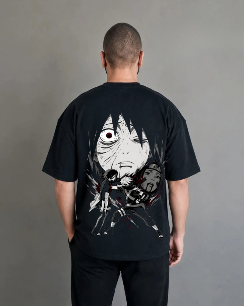 Back view of ANIMURA Obito Uchiha black oversized anime T-shirt featuring Obito's confrontation with Itachi
