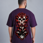 Back view of ANIMURA Isaac Netero Burgundy Oversized Anime T-Shirt featuring red and black skull and rose artwork