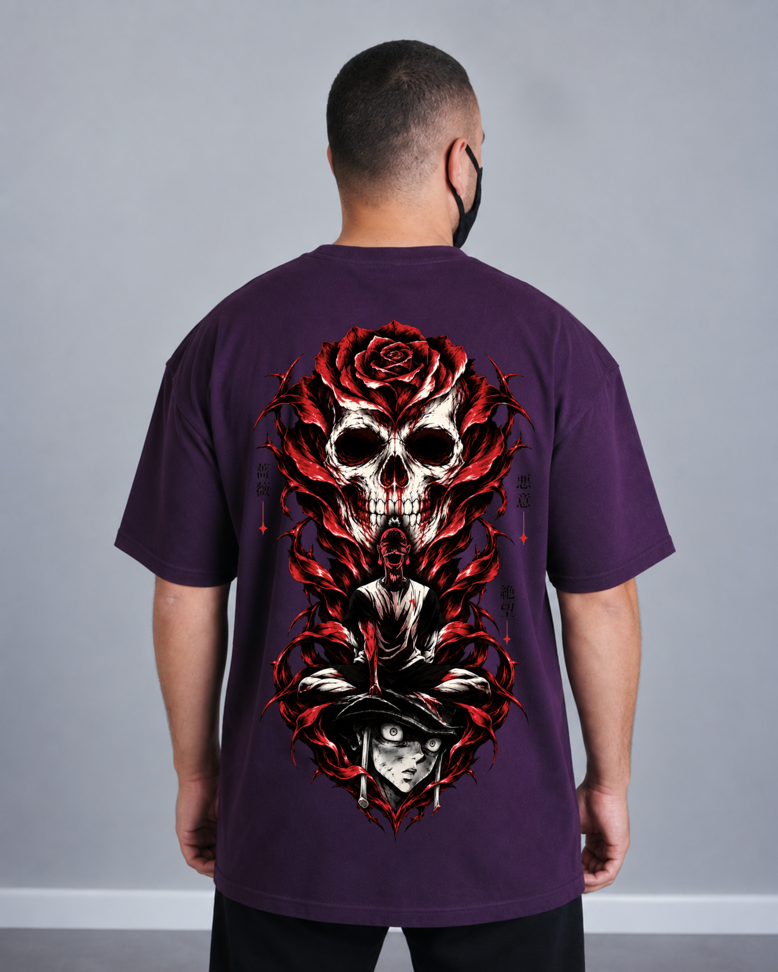 Isaac Netero Burgundy Oversized Anime T-Shirt Back View – ANIMURA Back view of ANIMURA Isaac Netero Burgundy Oversized Anime T-Shirt featuring red and black skull and rose artwork
