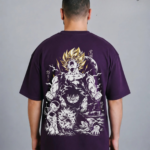 Back view of ANIMURA Goku and Frieza Burgundy Oversized Anime T-Shirt featuring cream and purple Dragon Ball character artwork