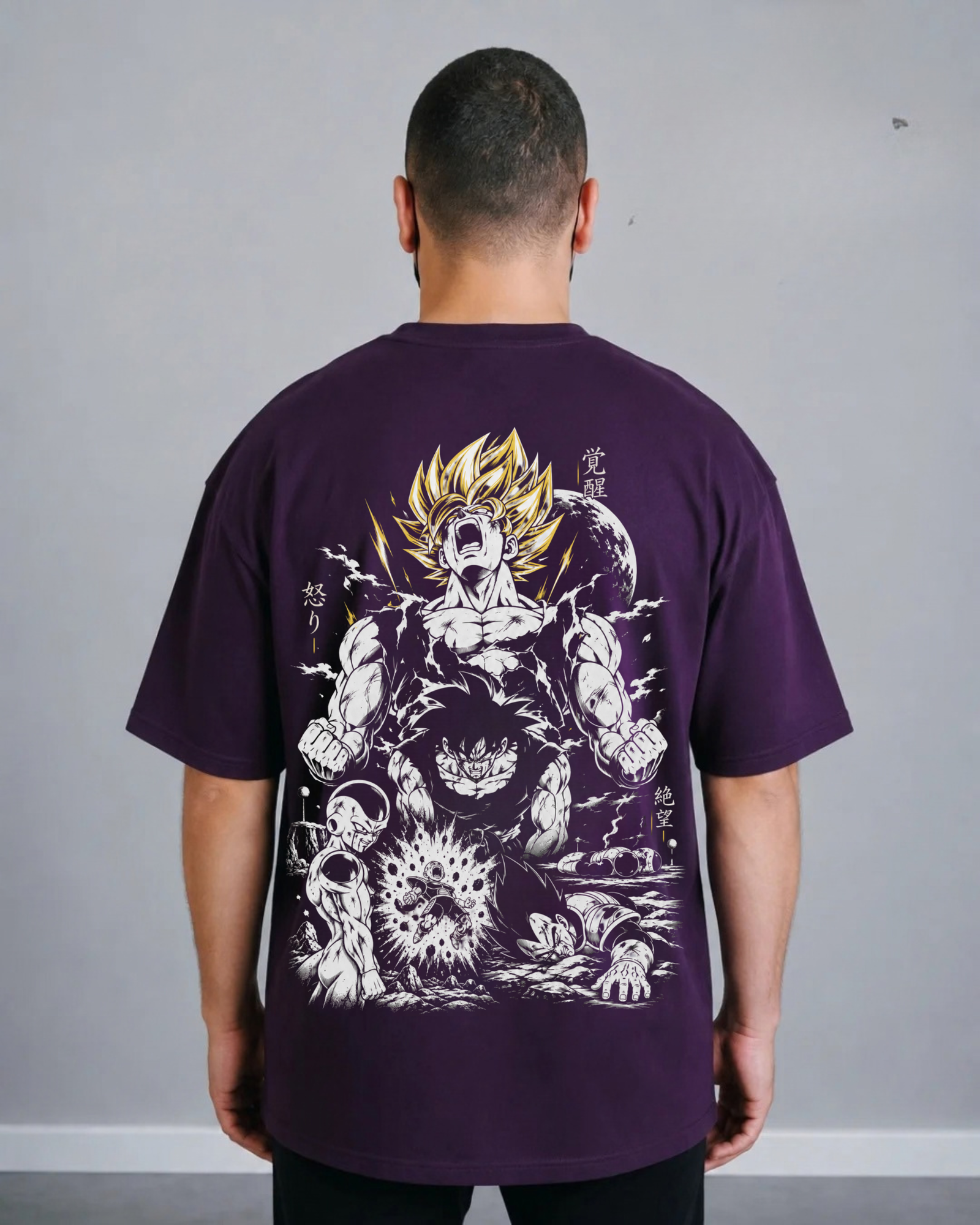 Back view of ANIMURA Goku and Frieza Burgundy Oversized Anime T-Shirt featuring cream and purple Dragon Ball character artwork