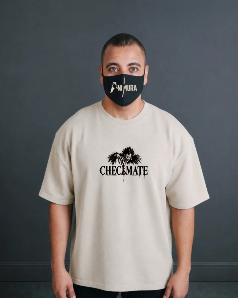 Front view of ANIMURA Light and L Beige Oversized Anime T-Shirt with CHECKMATE chest artwork