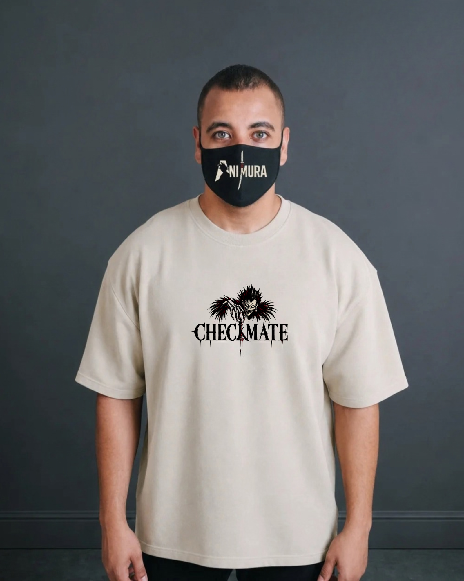 Light and L Beige Oversized Anime T-Shirt Front View – ANIMURA Front view of ANIMURA Light and L Beige Oversized Anime T-Shirt with CHECKMATE chest artwork