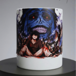 ANIMURA Solo Leveling magic mug with the grinning Statue of God looming over Sung Jin-Woo in the Double Dungeon, front view