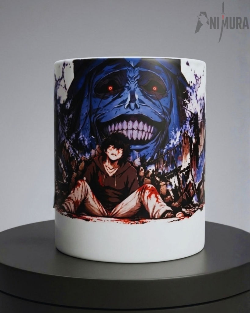 ANIMURA Solo Leveling magic mug with the grinning Statue of God looming over Sung Jin-Woo in the Double Dungeon, front view