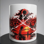 ANIMURA Berserk Eclipse magic mug with the black eclipse, the Brand of Sacrifice and a lone figure before a blood-red sunset, front view