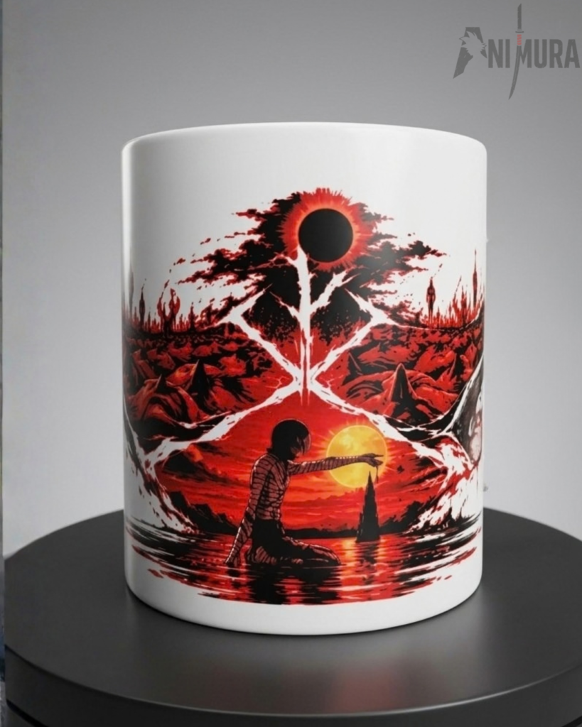 ANIMURA Berserk Eclipse magic mug with the black eclipse, the Brand of Sacrifice and a lone figure before a blood-red sunset, front view