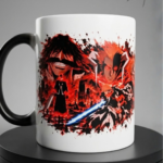 ANIMURA Bleach magic mug showing Yhwach, Ichigo Kurosaki and a glowing blue-white blade in red and black artwork, front view