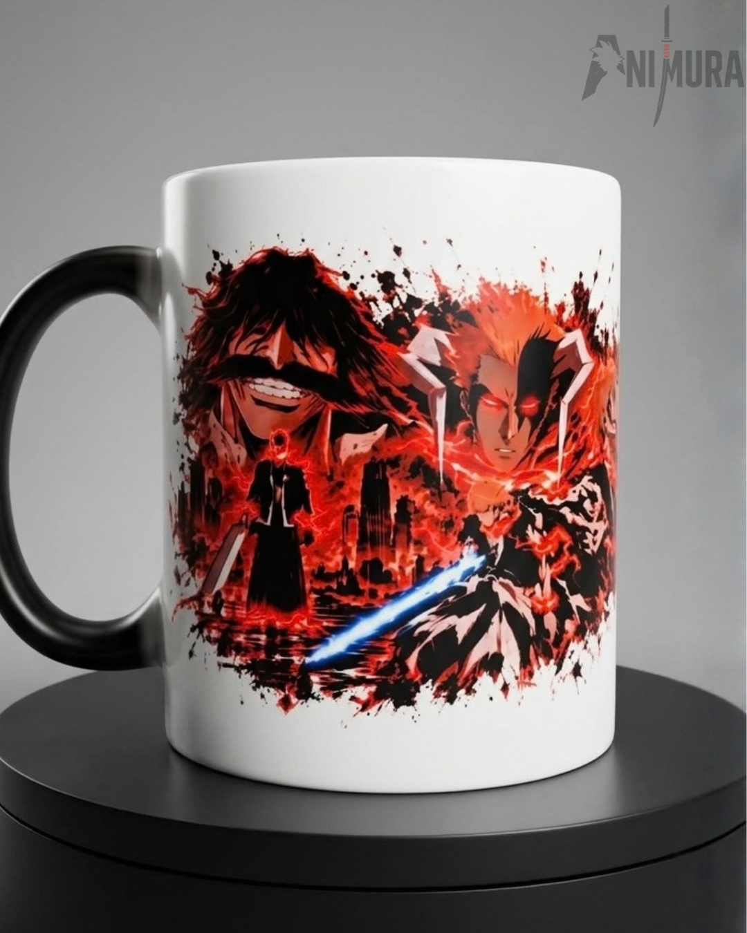 ANIMURA Bleach magic mug showing Yhwach, Ichigo Kurosaki and a glowing blue-white blade in red and black artwork, front view